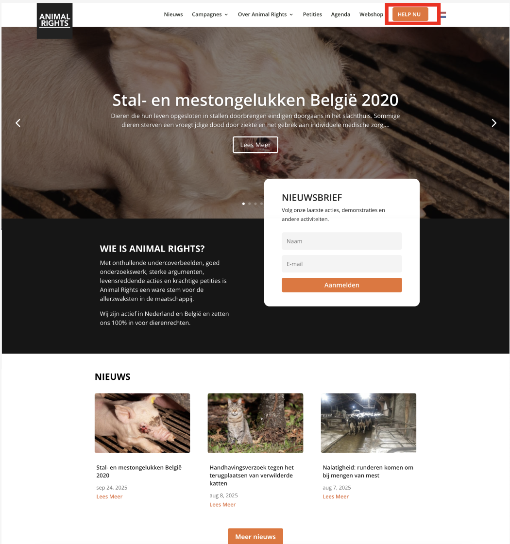 New site – homepage with donation CTA